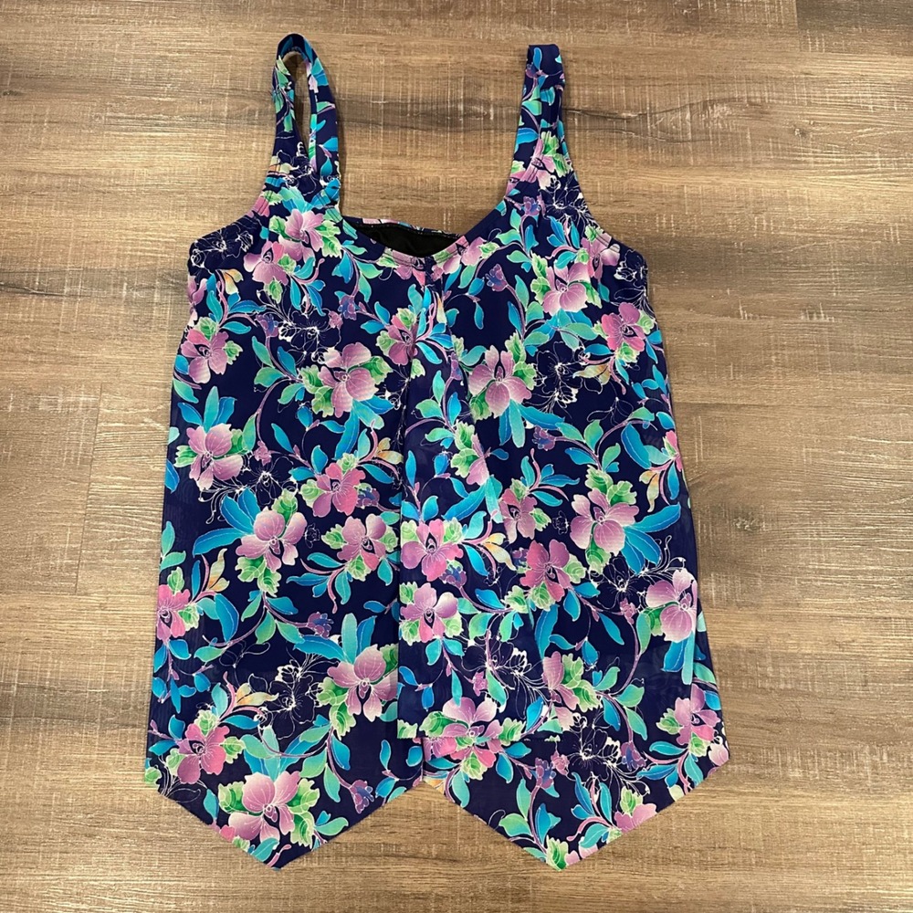 A Shore Fit Floral Handkerchief Hem Tankini Top Purple Pink Size 14 Women Mesh